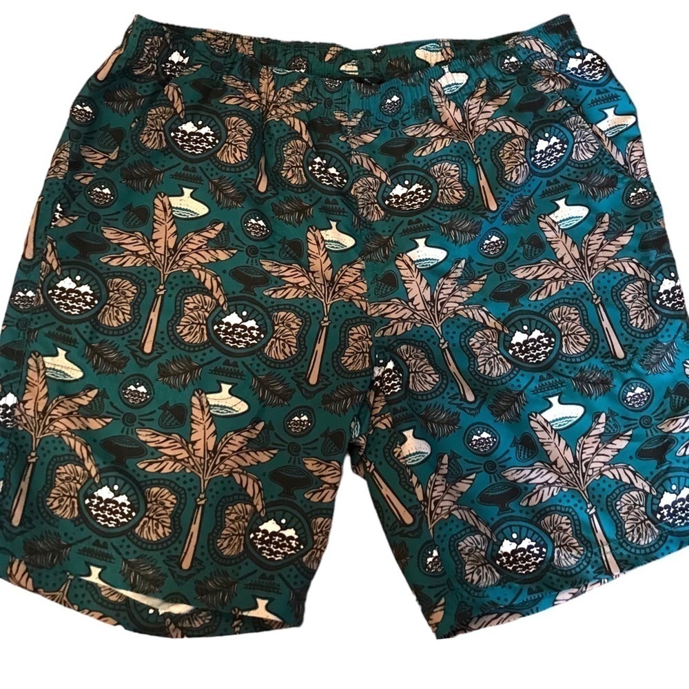 KAVU Sound Swim Shorts Green with Brown Gray Black Pattern Mens Medium